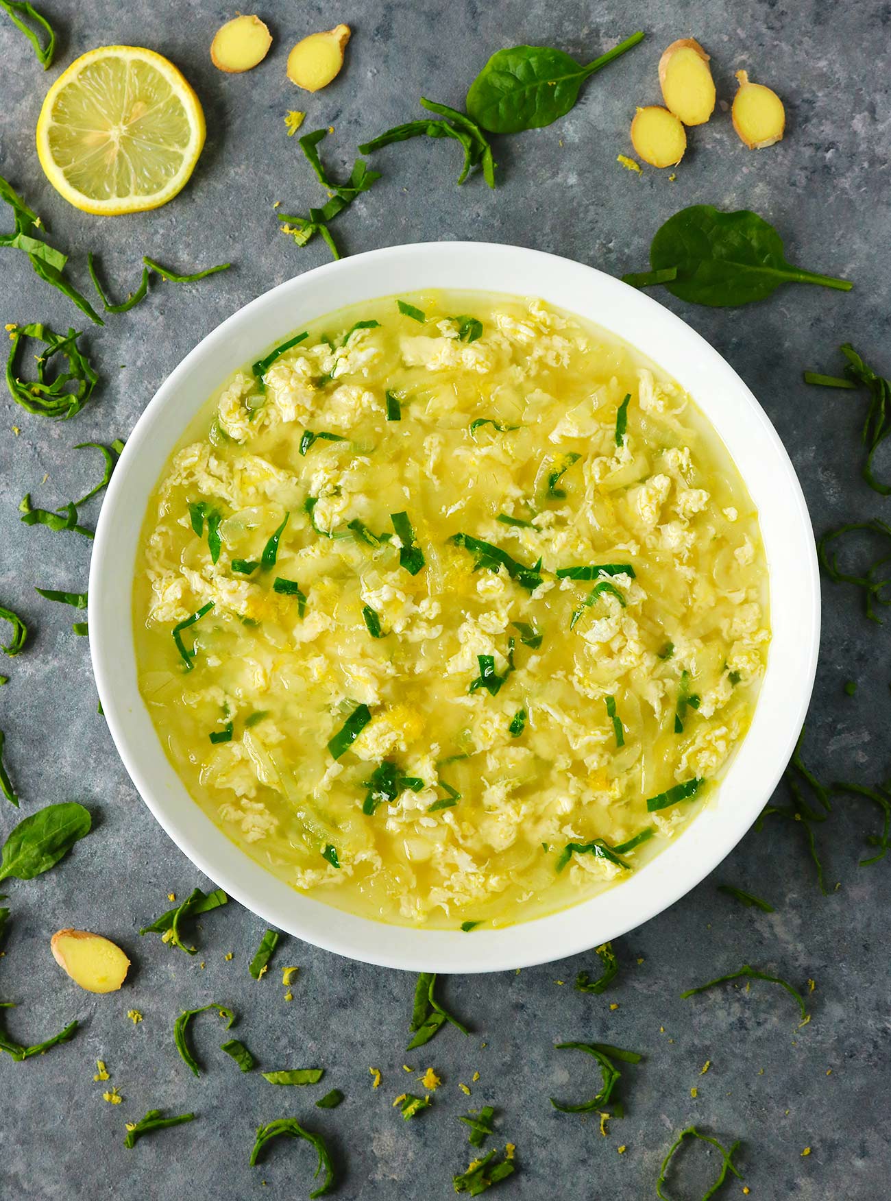 Overhead view of Shredded Egg Soup  in a white bowl.