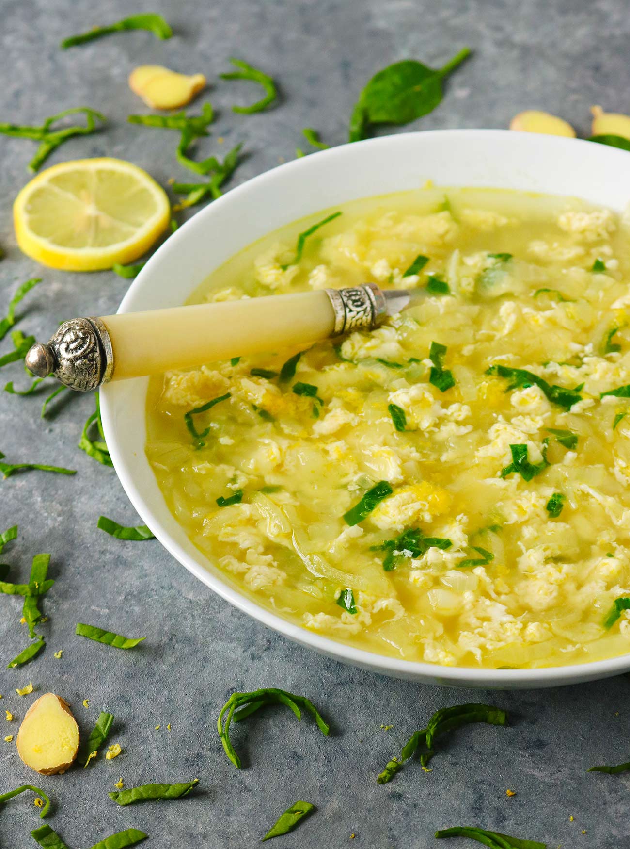Close-up angled view of Shredded Egg Soup in a Bowl.