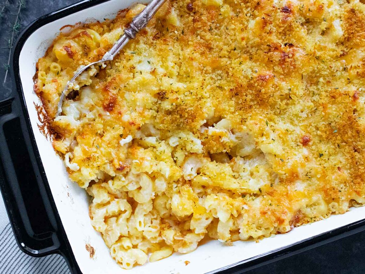 An overhead view of a baking dish with French Onion Mac & Cheese.