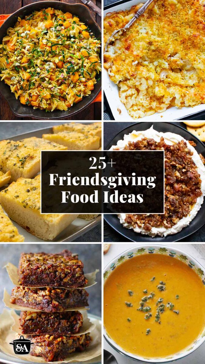 Pinterest pin image for Friendsgiving Food Ideas, featuring a collage of recipe photos.