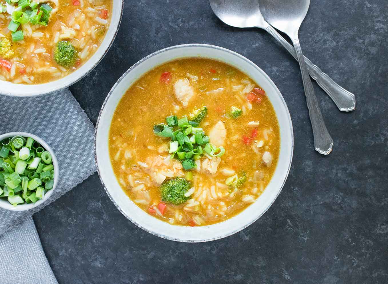 General Tso's Chicken Soup in a bowl, ready to eat