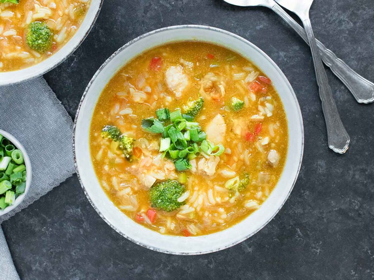 General Tso's Chicken Soup in a white soup bowl.