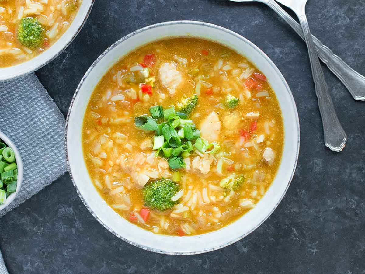 General Tso's Chicken Soup in a white bowl.