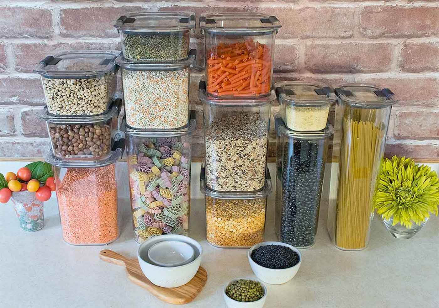 Photo of Brilliance containers stacked on the counter.