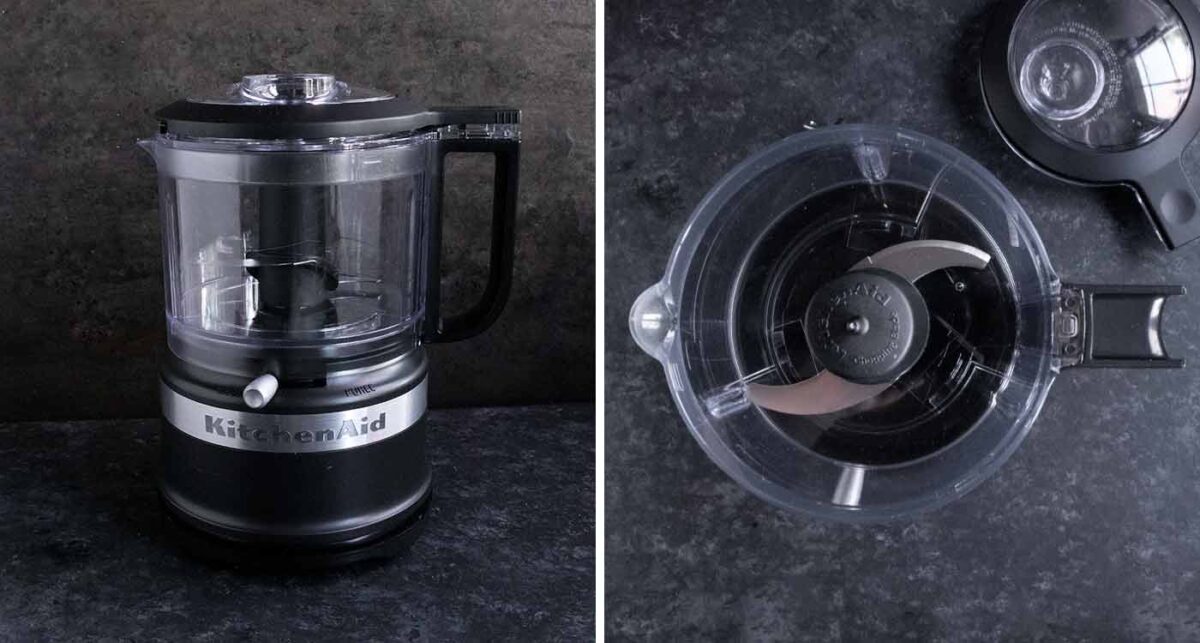 Photo duo of a KitchenAid food chopper.