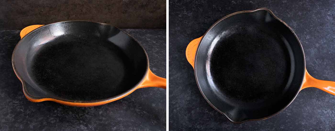 Photo duo of a Le Creuset enameled cast iron skillet in flame color.