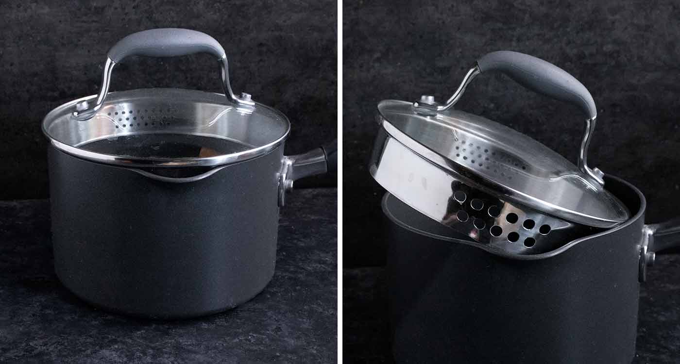 Photo duo of 2 qt. pot with straining lid.