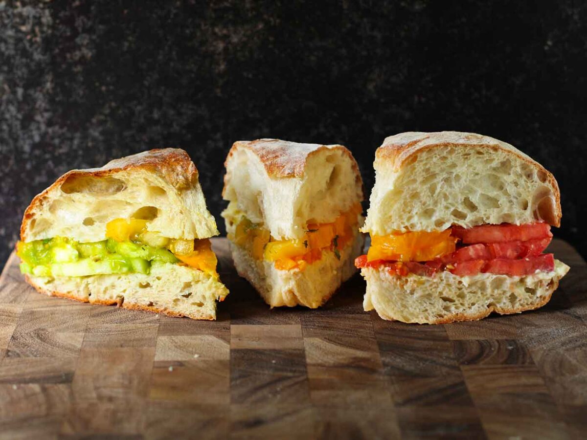 Heirloom Tomato Sandwich sliced into thirds.