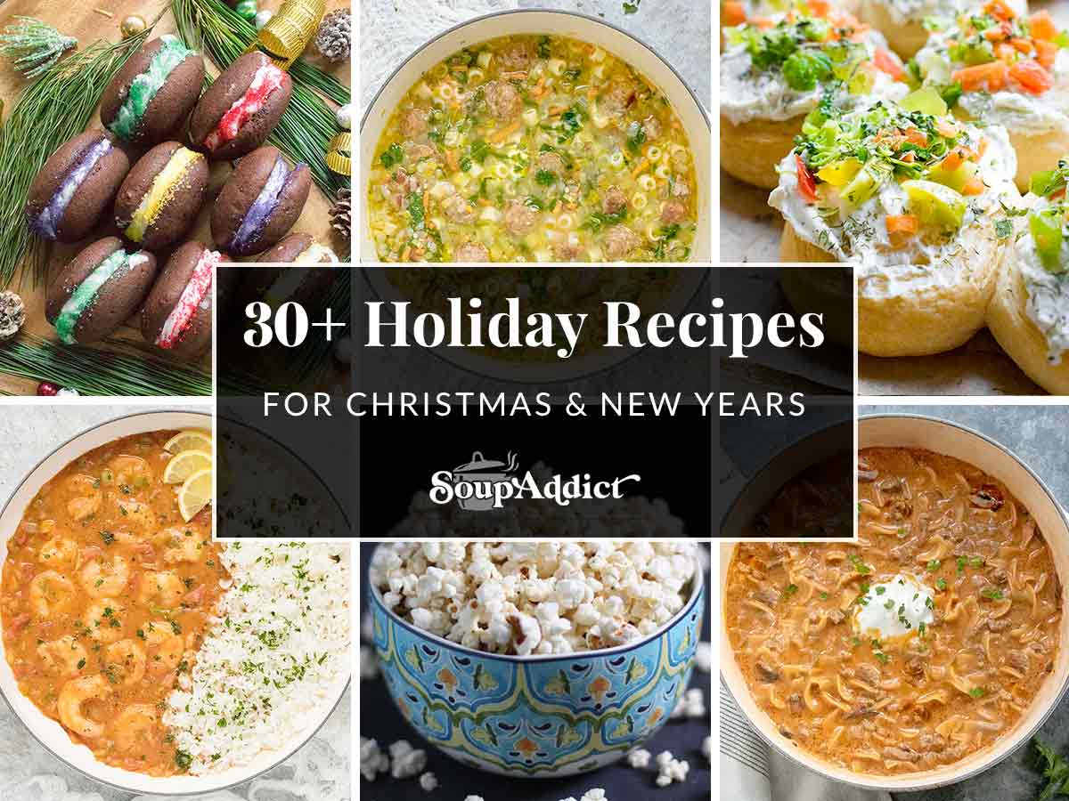 Photo collage for 30+ Holiday Recipes for Christmas and New Years entertaining.