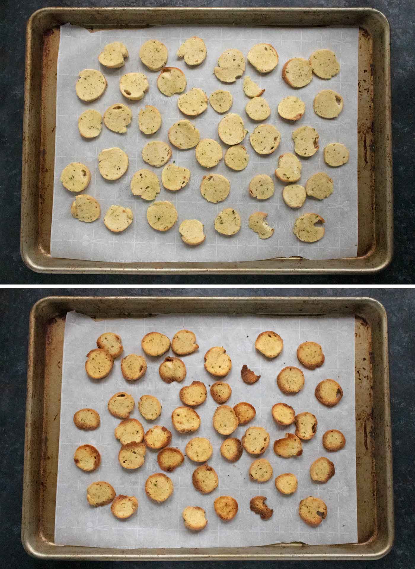 Two photos of Homemade Bagel Chips on a rimmed sheet pan, before and after baking.