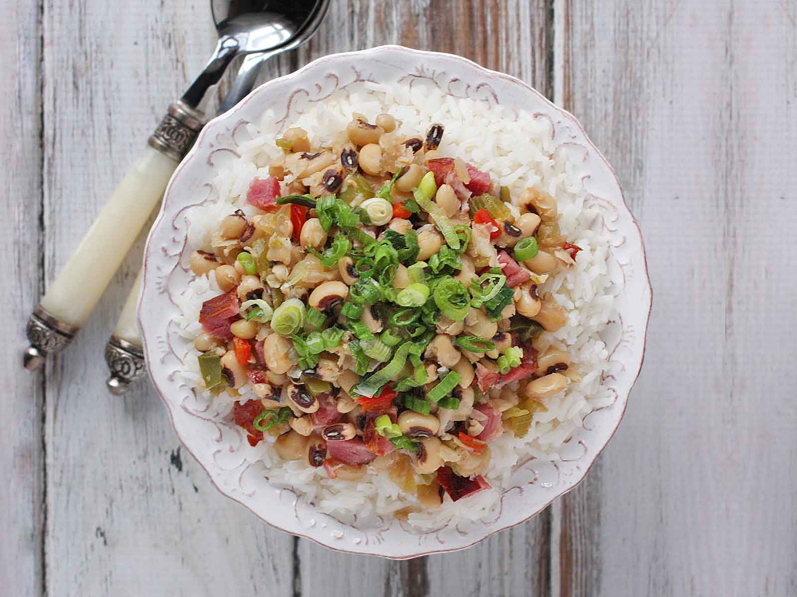 Overhead view of Hoppin' John Rice Bowls.