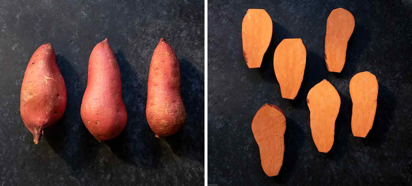 Prepare sweet potatoes for baking by scrubbing clean and then slicing in half.