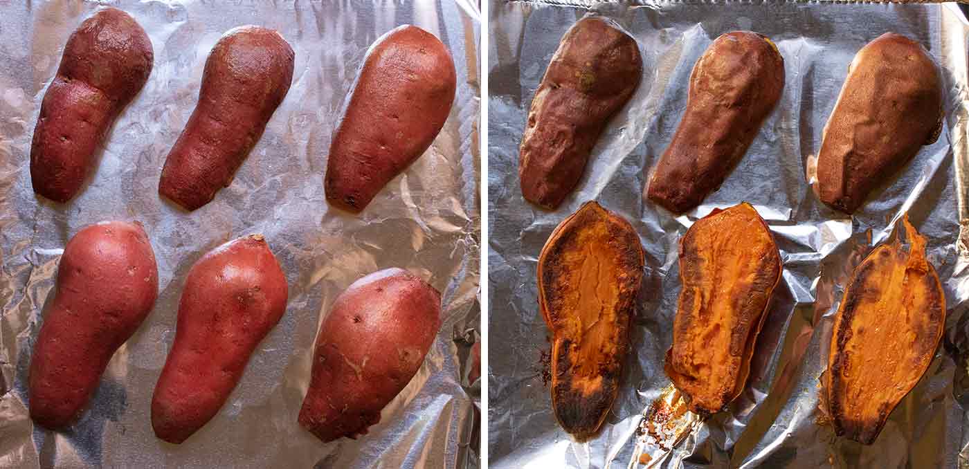Rub the sweet potatoes with oil and bake in the oven.