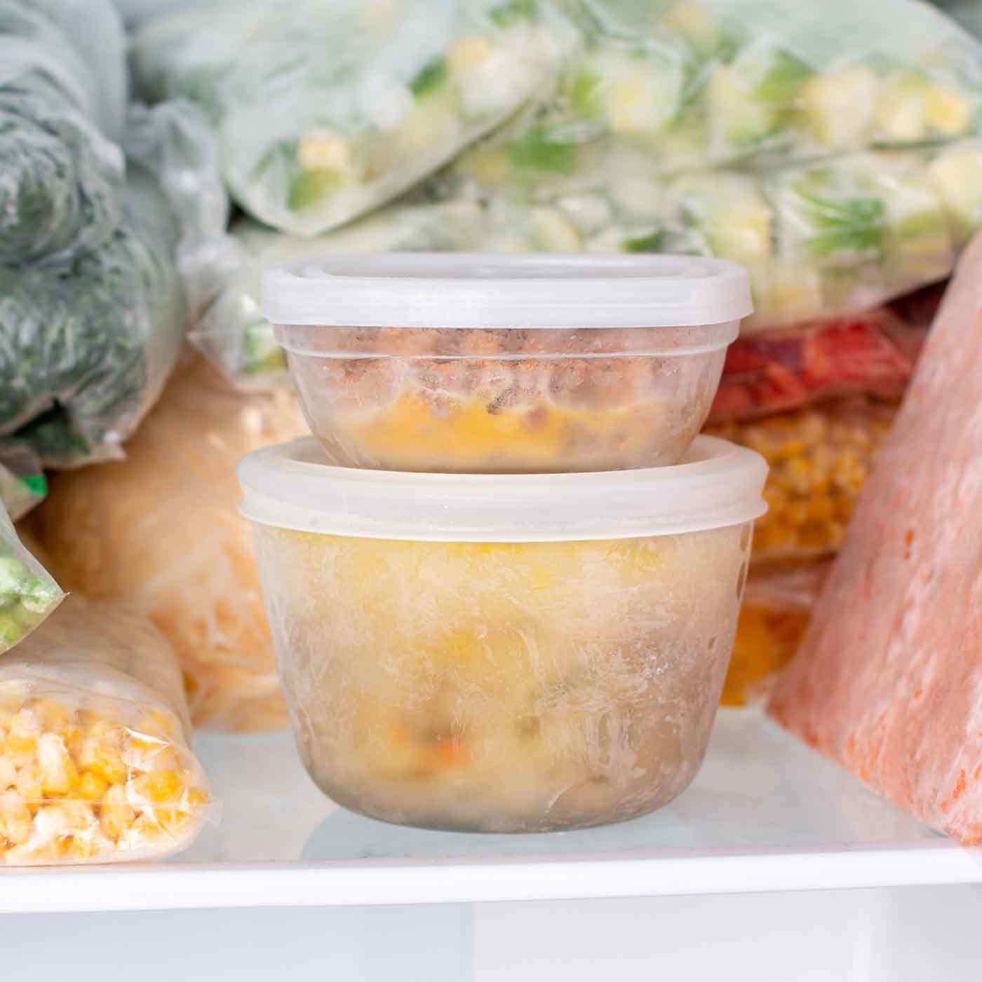 A plastic container on the shelf of a freezer with other frozen foods around it.