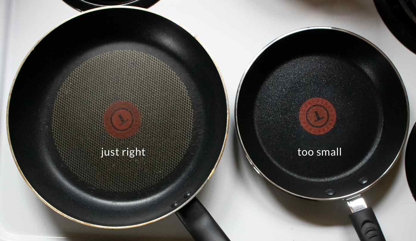 Two different size skillets. The larger skillet will hold the bread slice better in the center of the pan.