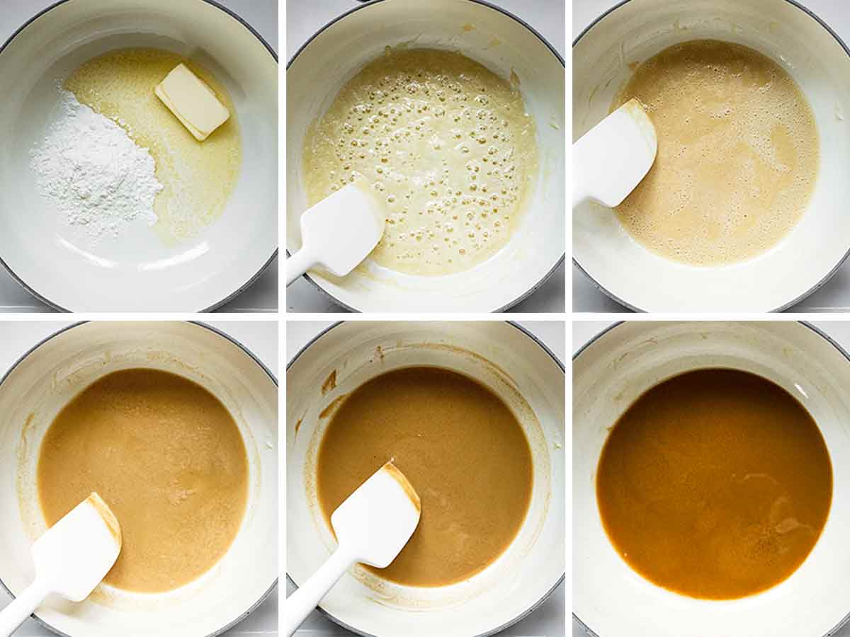 Visual steps for making a dark roux.