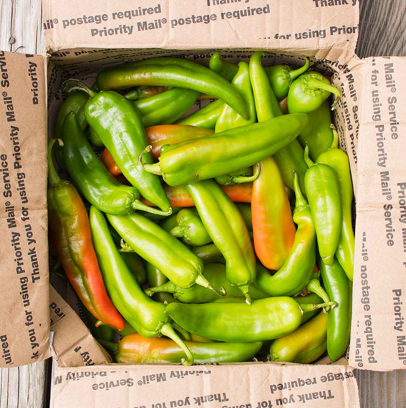 A box of fresh Hatch chiles from New Mexico