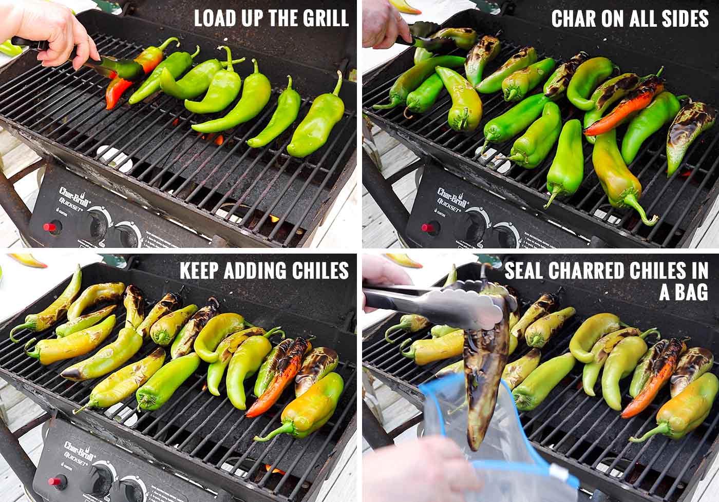 Visual steps showing how to roast Hatch chile on the grill