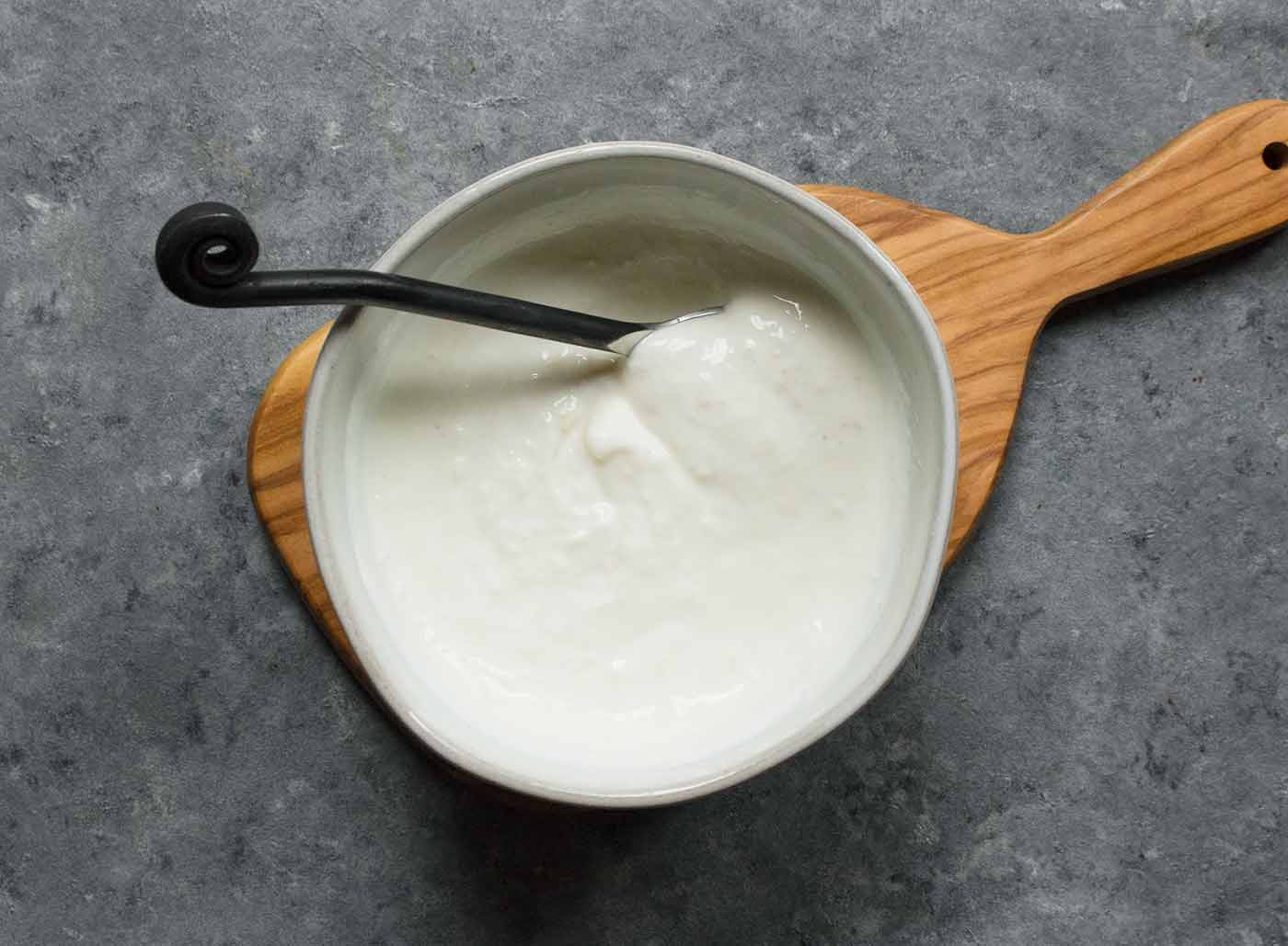 Horseradish sour cream in a bowl for Instant Pot Potato Leek Soup