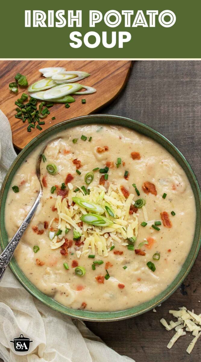 Pinterest pin image featuring a bowl of Irish Potato Soup.