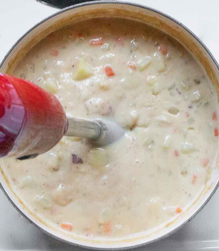 Red stick blender blending parts of the soup for smoothness.