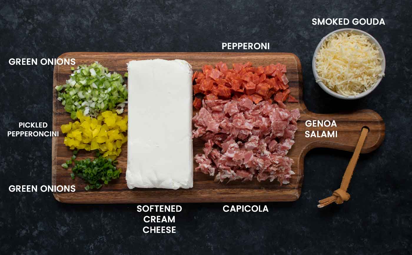 Ingredients in a Italian Grinder Cheese Ball that need to be prepped prior to assembly.