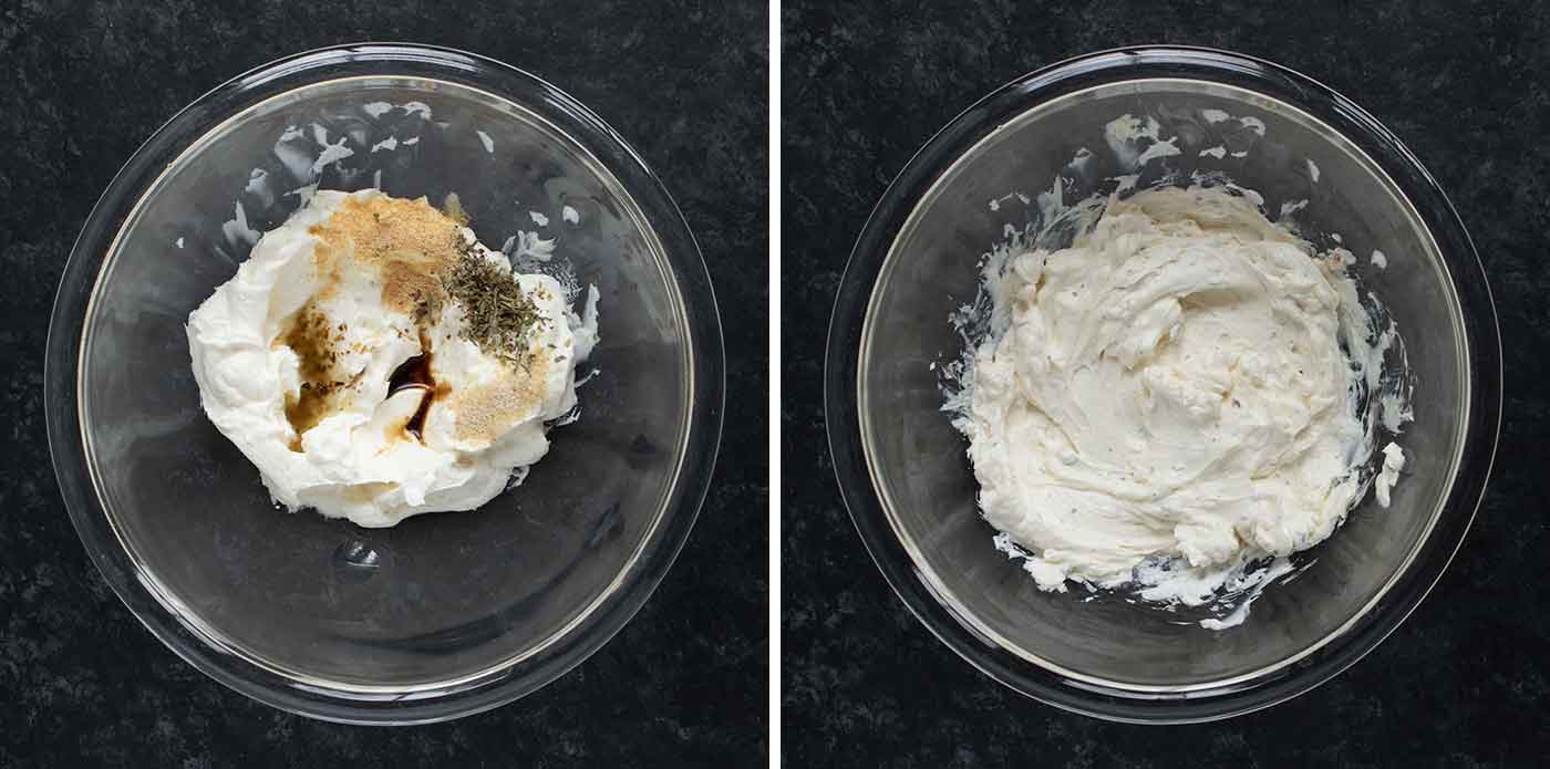 Photo duo showing seasoning the cream cheese.