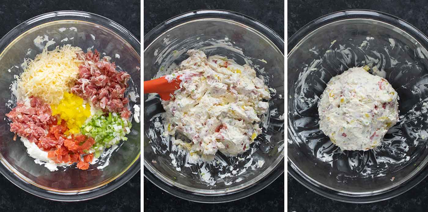 Photo trio mixing the deli meats and other ingredients into the cream cheese mixture.
