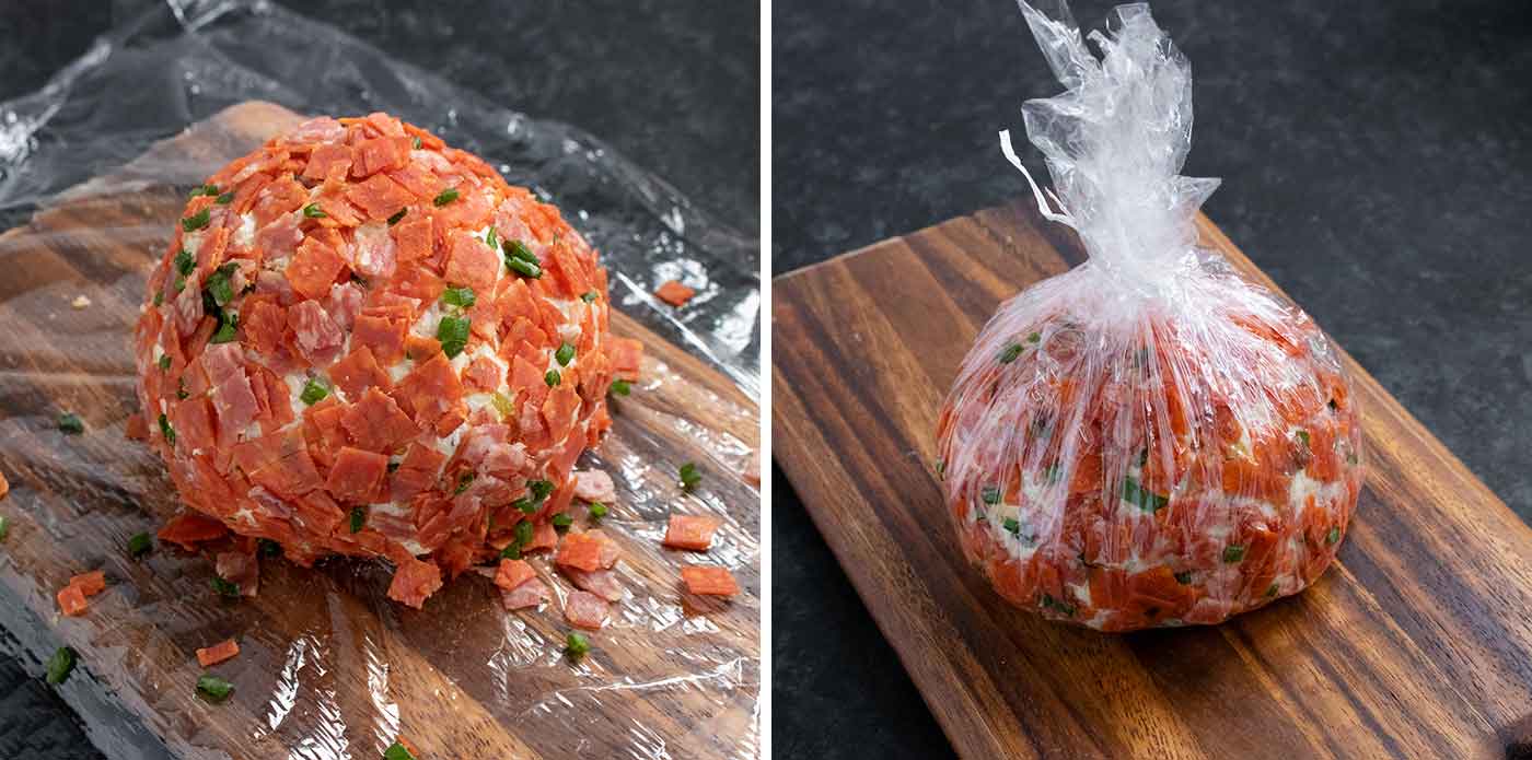 Wrapping the cheese ball in cling wrap for its rest in the refrigerator.