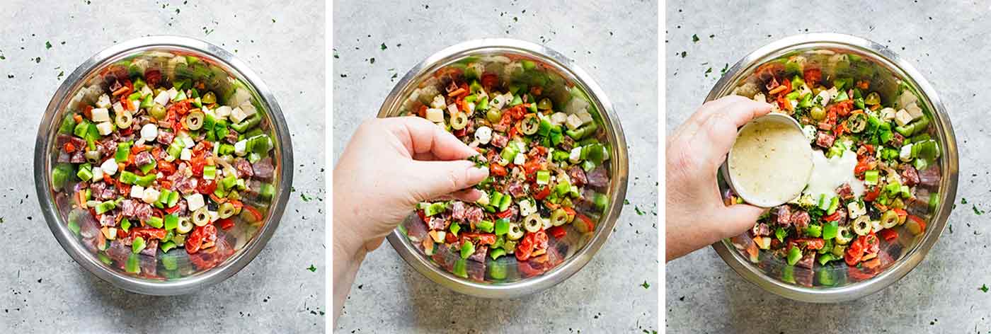 Seasoning the vegetables for the pasta salad