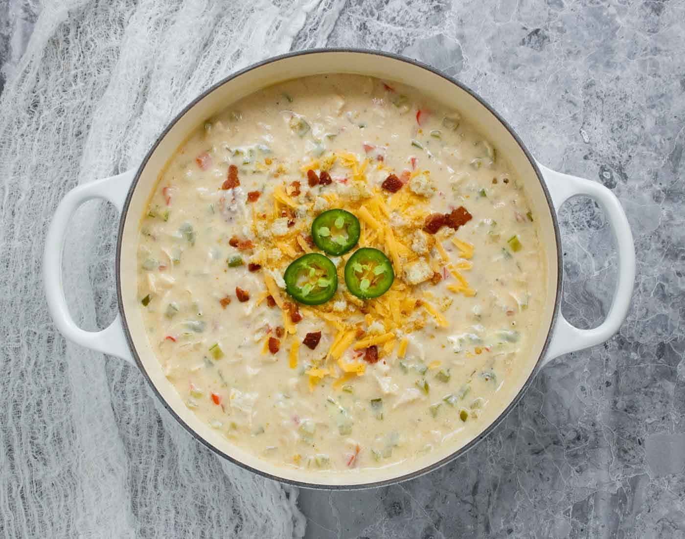 Overhead view of a pot of Jalapeno Popper Chicken Soup.