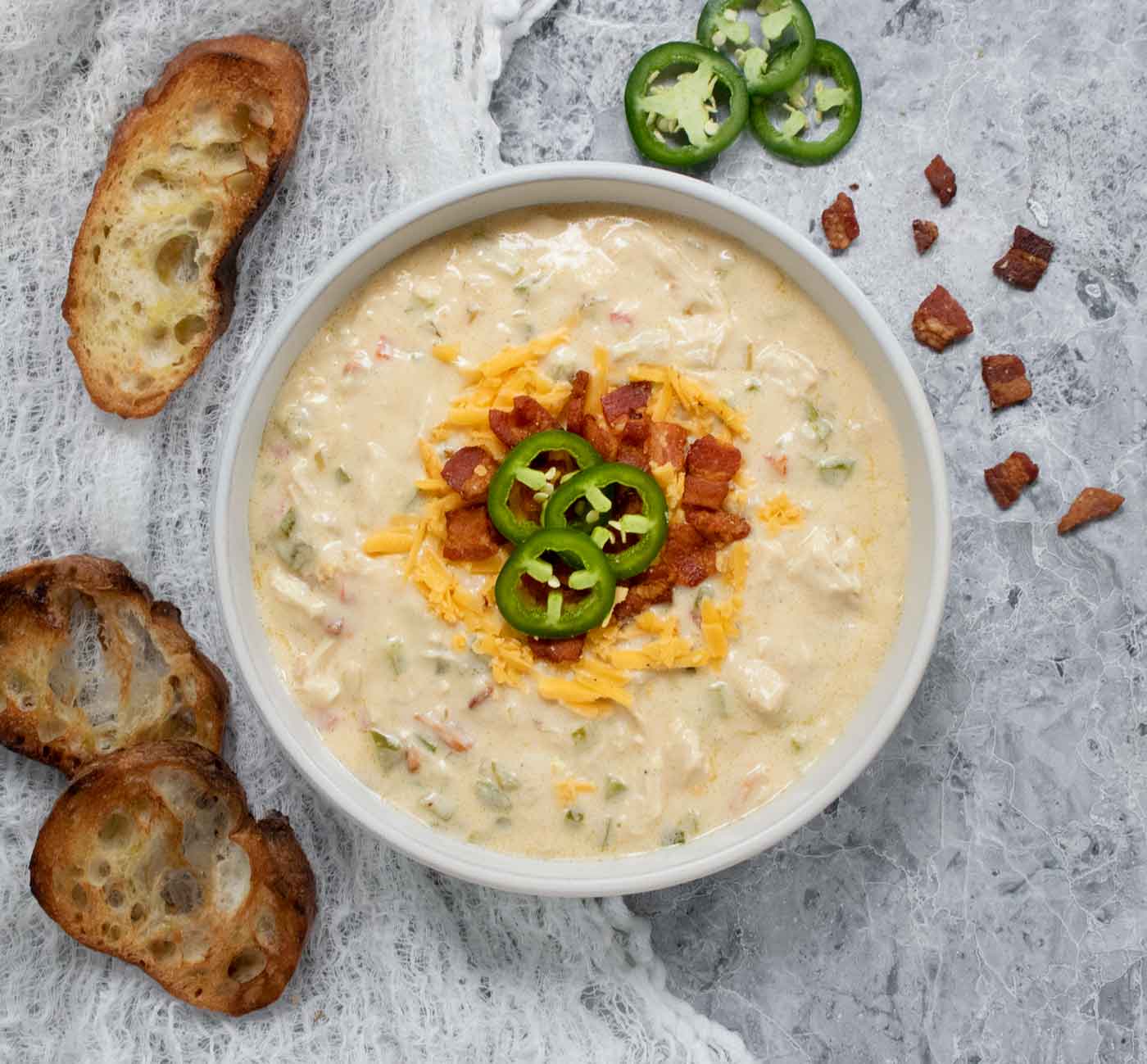 Overhead view of a bowl of Jalapeno Popper Chicken Soup.