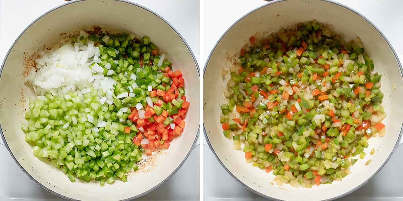 Aromatic vegetables cooking in a large Dutch oven.