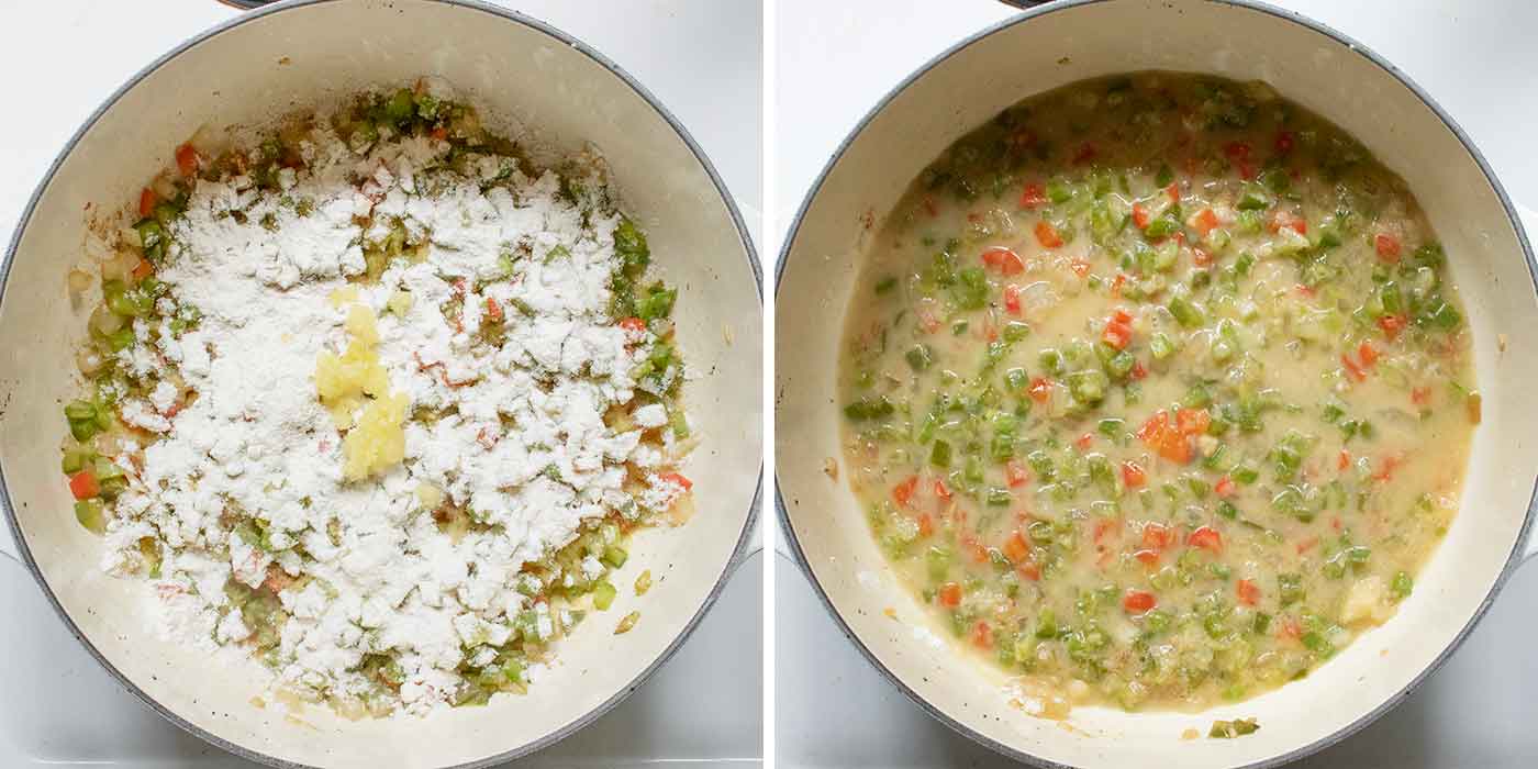 Photo duo of adding flour to the vegetable mixture to create the thickened soup base.