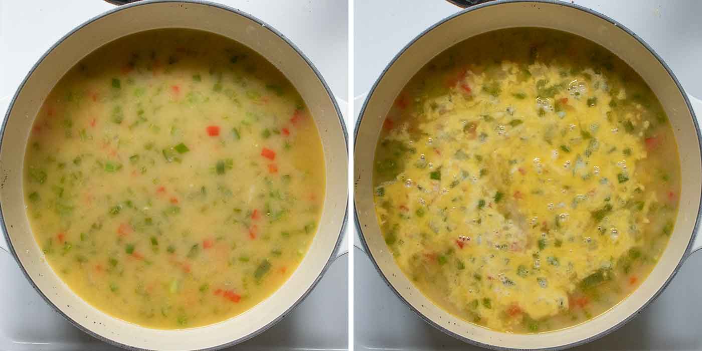 Adding the liquids to the soup.