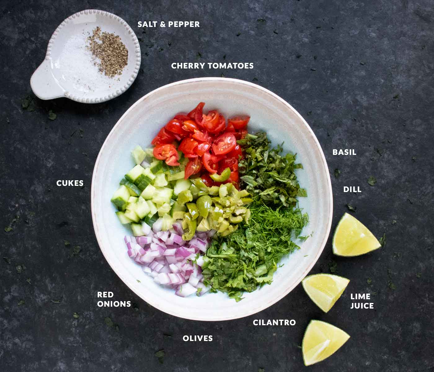 A photo featuring the vegetables used in this dip, labeled with text notations.