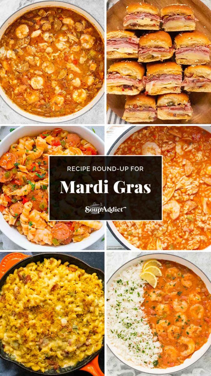 Pinterest pin image with a collage of 6 photos for a Mardi Gras recipe round-up.