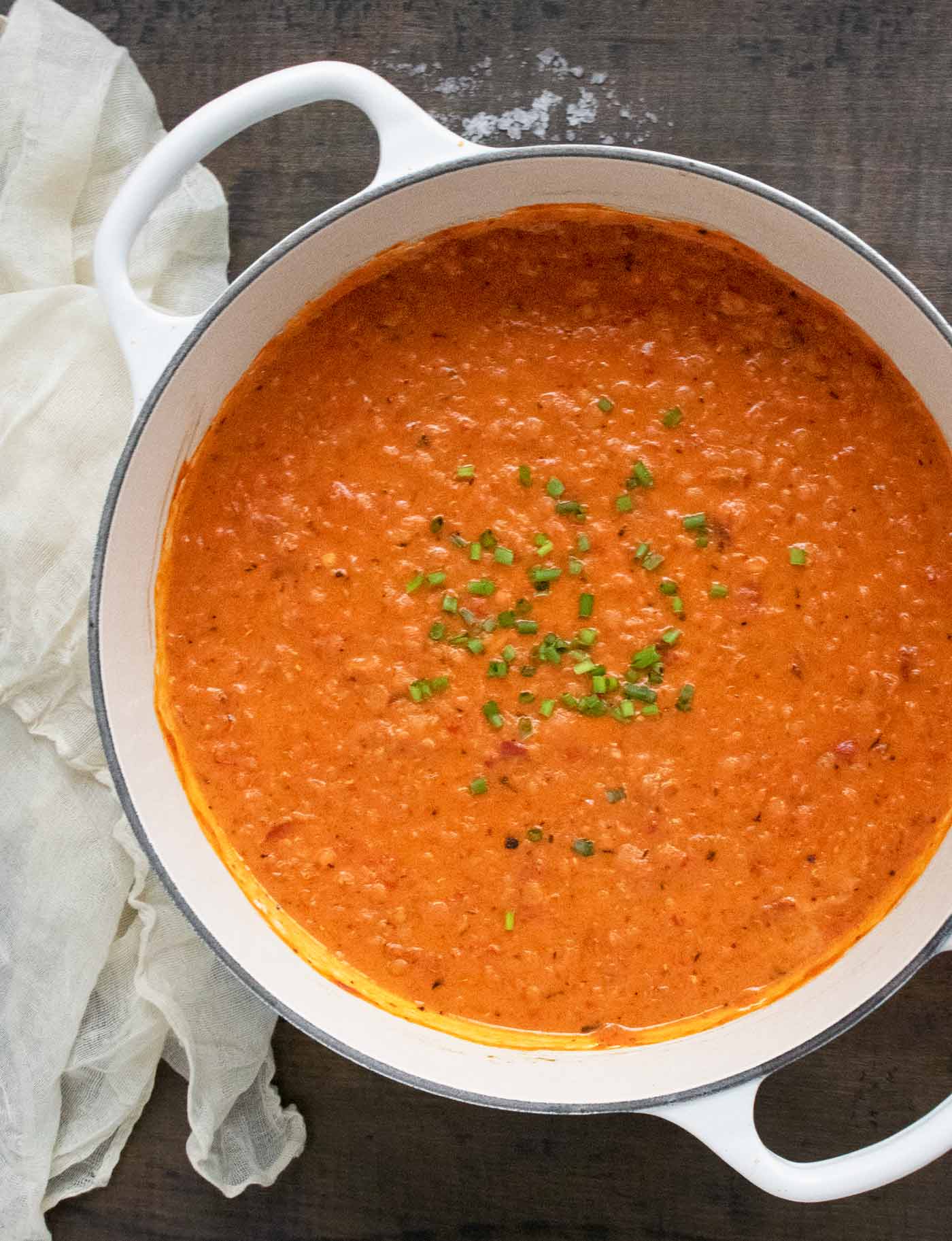 Overhead view of a pot of Marry Me Red Lentil Soup.