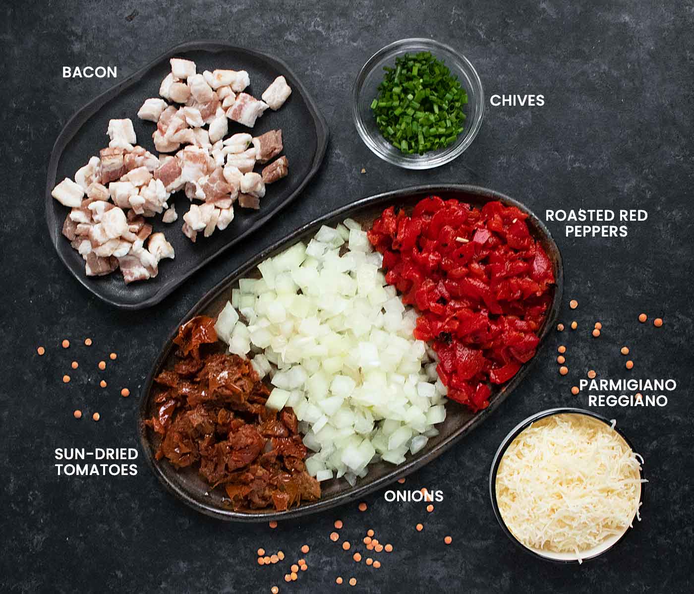 Ingredients for the soup shown in their prepped state.