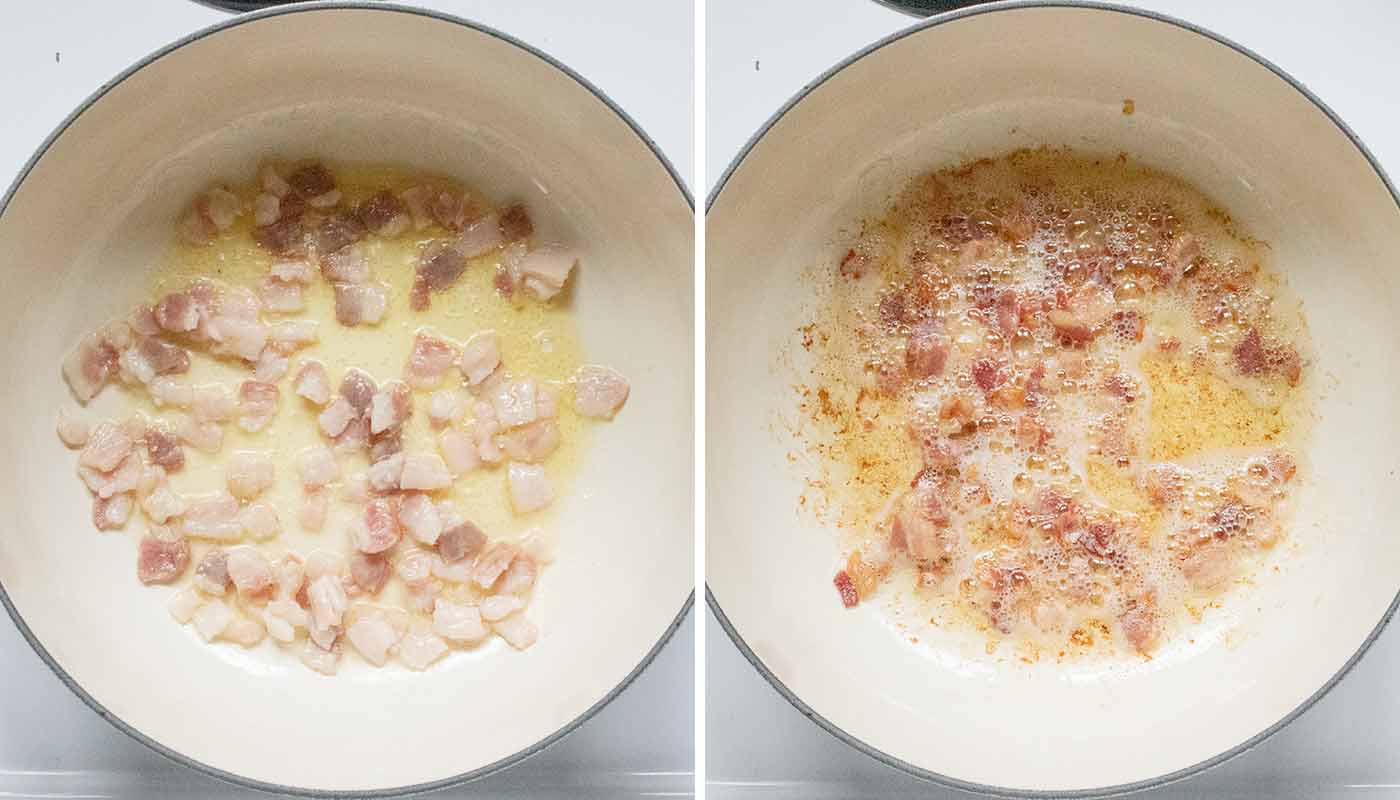 Photo duo showing bacon frying in the soup pot.