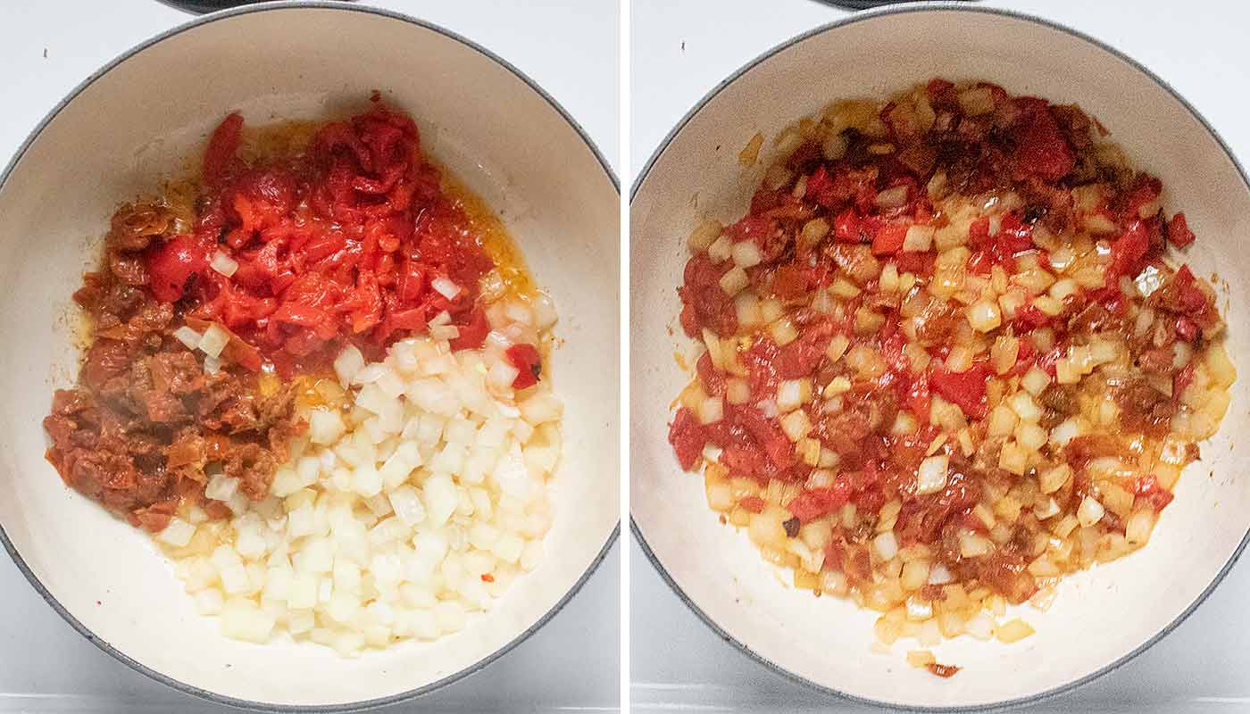 Photo duo showing the aromatic vegetables cooking in the pot.