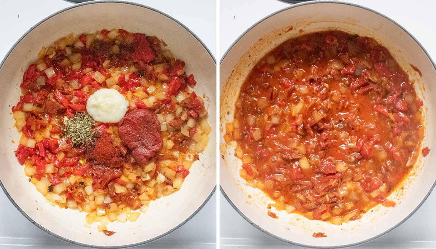 Photo duo showing the veggies cooking with the seasonings.