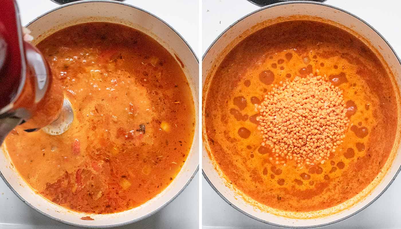 Photo duo showing blending the soup and adding the lentils.