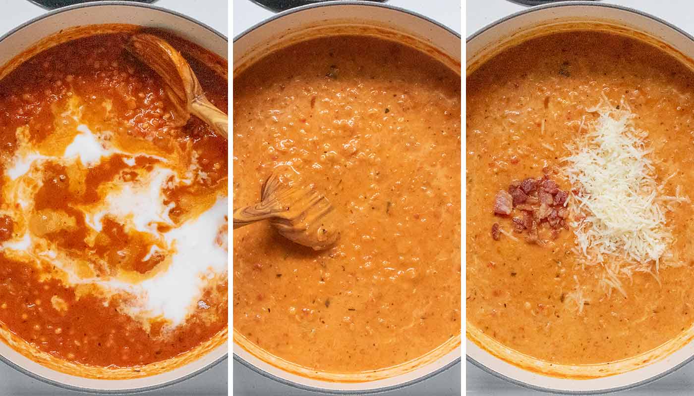 Finishing up the soup by adding the coconut milk, bacon and cheese.