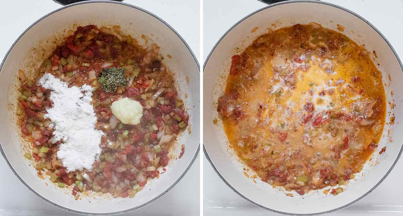 Photo duo showing steps in creating an in-the-pot roux.