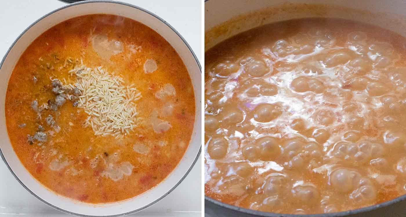 Photo duo showing the cooking of the soup.