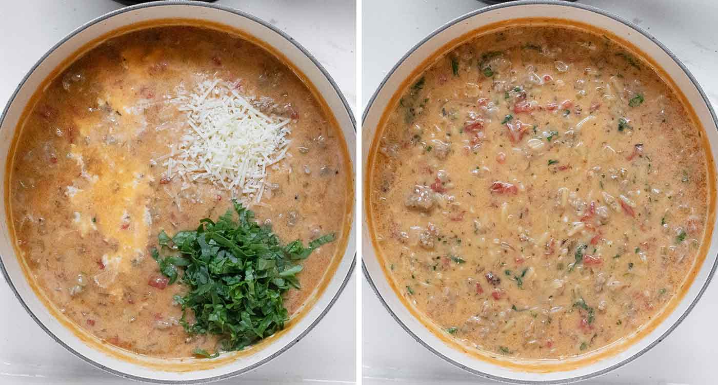 Photo duo showing adding the dairy, cheese, and spinach to the soup, plus the finished result.