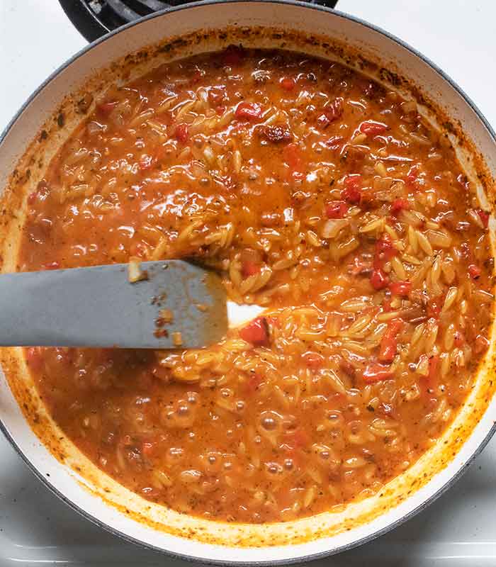 Orzo is cooked, sauce it thickened - it's ready to finish!