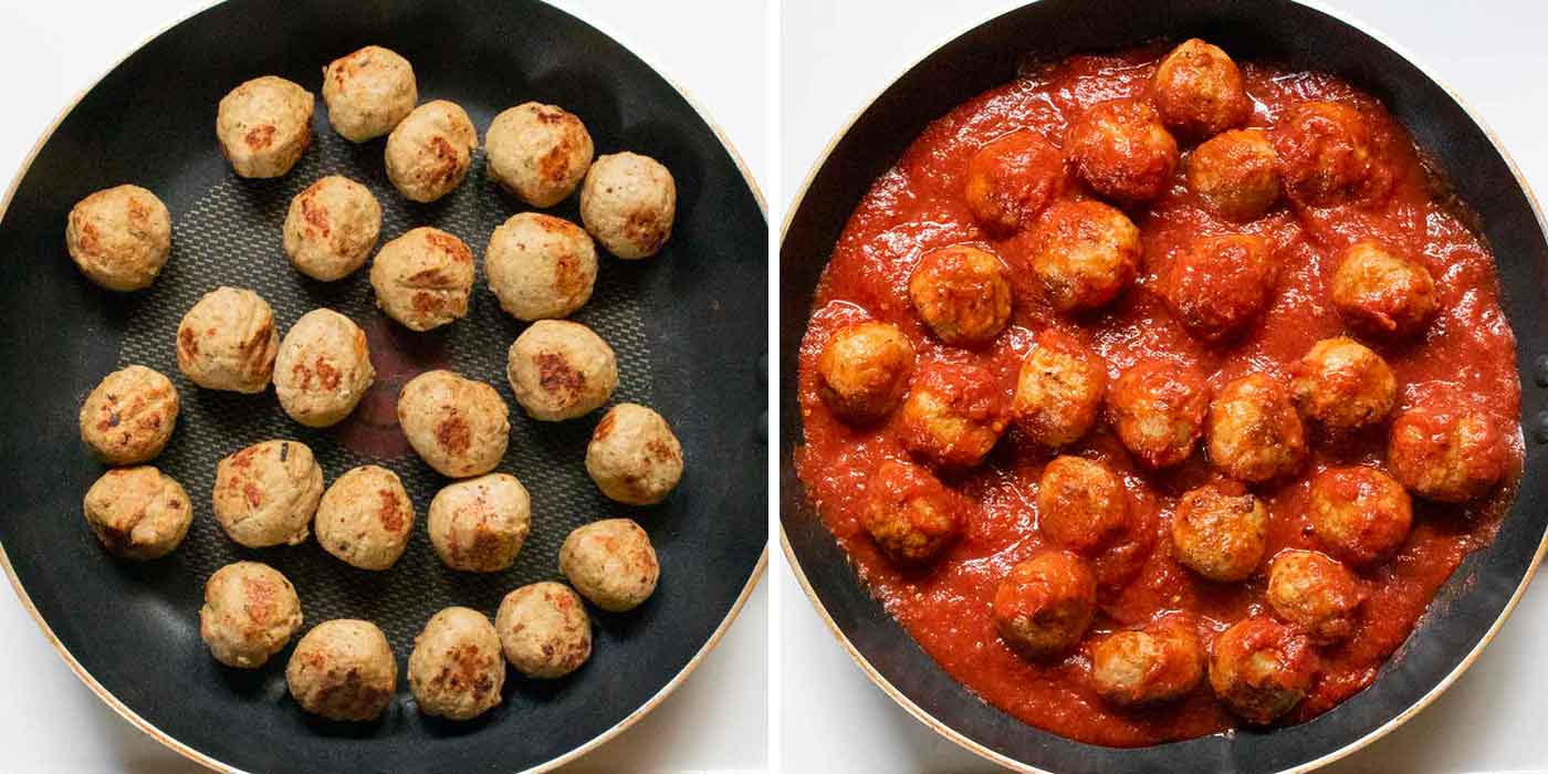 A photo duo of searing the meatballs and then cooking them in the sauce.