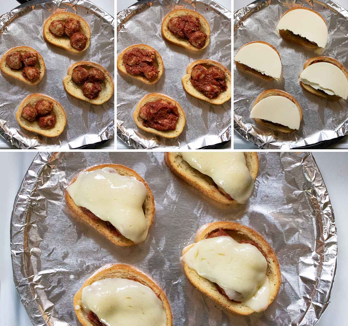 A quad photo collage for assembling the open-faced toasts: adding the meatballs, sauce and cheese, with a final photo of the melted cheese.
